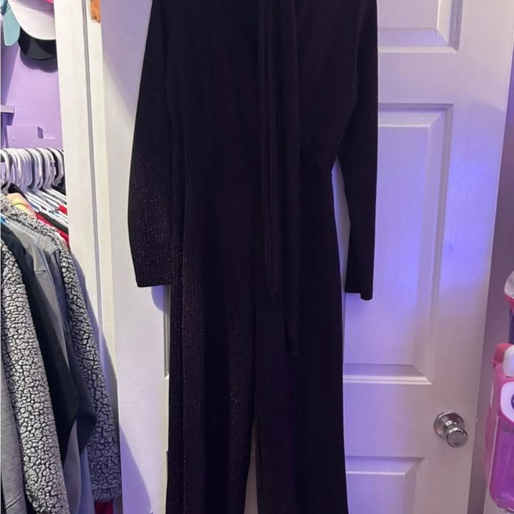 Elegant Black with Purple sparkles Long-Sleeve Jumpsuit